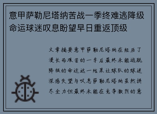 意甲萨勒尼塔纳苦战一季终难逃降级命运球迷叹息盼望早日重返顶级 意甲萨勒尼塔纳苦战一季终难逃降级命运球迷叹息盼望早日重返顶级