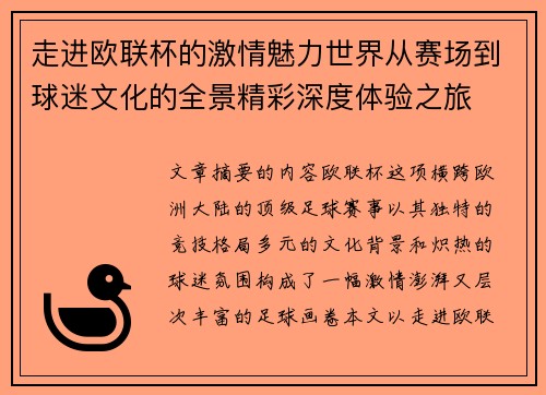 走进欧联杯的激情魅力世界从赛场到球迷文化的全景精彩深度体验之旅